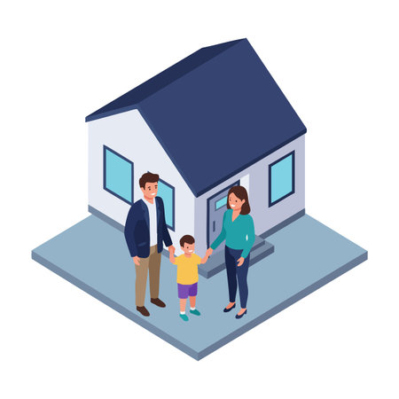 A family of three stands holding hands outside their modern house with blue roof and windows, showing unity and warmth. Cheerful mood.のイラスト素材