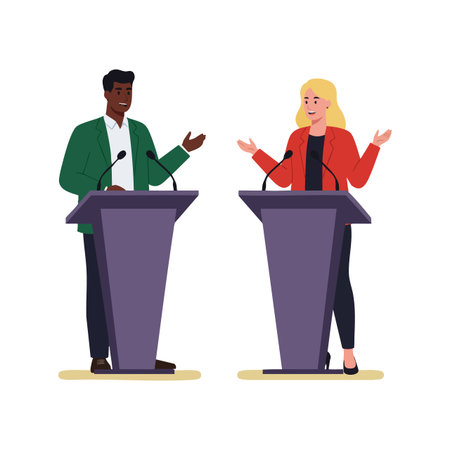 Illustration shows two individuals debating at podiums, expressing gestures and ideas confidently in a formal setting, creating an engaging atmosphere.のイラスト素材
