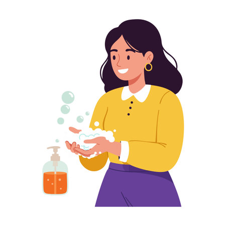 Woman cleans hands with foam and sanitizer bottle nearby in a bright, minimal style. Hygienic and cheerful mood.のイラスト素材
