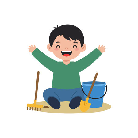 A joyful young boy in green shirt plays outside with a rake, shovel, and bucket creating a cheerful garden scene. Bright and lively mood.のイラスト素材