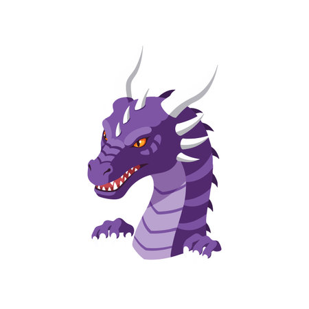 Illustration shows a purple dragon head with fierce orange eyes, white horns, and sharp teeth in a confident pose, creating a mythical mood.のイラスト素材