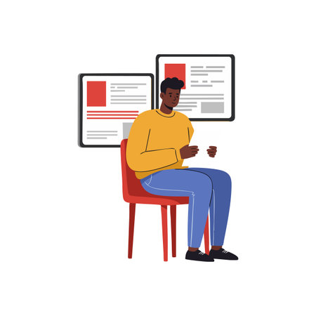 Illustration of a young man seated on a red chair reading papers with information boards behind him in a focused mood.のイラスト素材