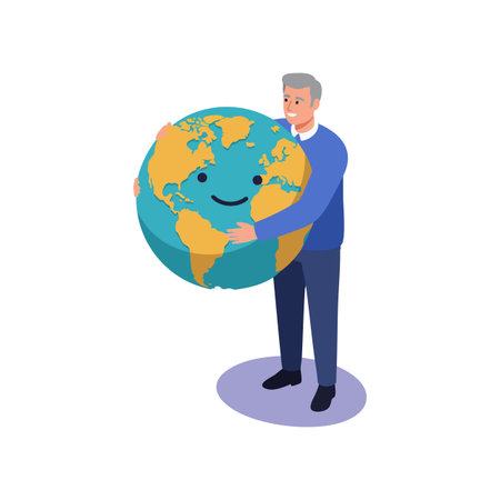 Illustration of a man embracing a smiling earth globe symbolizing environmental care and global love...