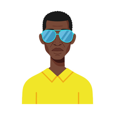 Illustration shows a man with dark skin wearing reflective blue sunglasses and a yellow shirt, facing forward with a serious expression. Calm mood.のイラスト素材