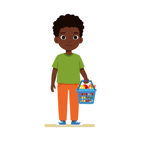 Vector illustration of a young boy holding a shopping basket filled with groceries, wearing casual clothes, standing on a light background. Cheerful mood.のイラスト素材