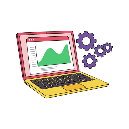 Illustration shows an open laptop displaying a green graph with purple gears floating nearby representing data processing and technology in a clean style. Calm.のイラスト素材