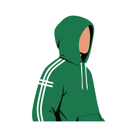 Vector illustration of a person in a green hoodie with white stripes, facing sideways, showing casual and modern clothing style. Calm mood.のイラスト素材