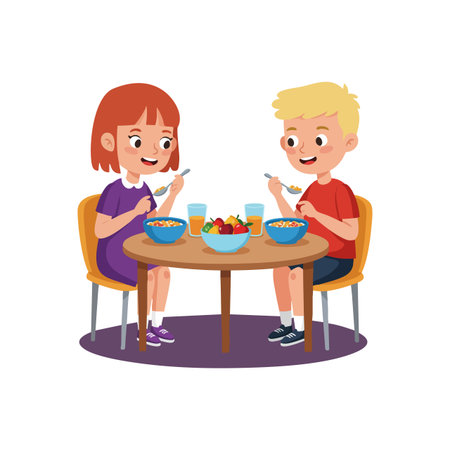 Two kids enjoy eating cereal and fruit at a round wooden table in a bright, cheerful kitchen setting, displaying happiness.のイラスト素材