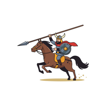 Viking warrior wearing horned helmet rides fierce horse holding spear and shield, ready for battle in dynamic action scene, adventurous mood.のイラスト素材