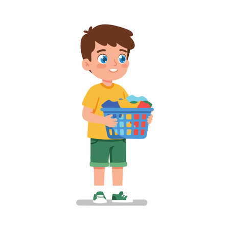 A cheerful boy holds a laundry basket filled with colorful clothes while standing. The scene is bright and lively with a happy mood.のイラスト素材