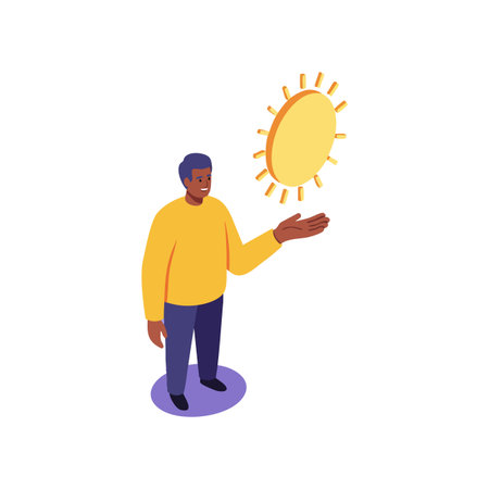 Illustration shows a man in yellow sweater happily holding a bright sun icon symbolizing warmth and positivity, cheerful mood.のイラスト素材