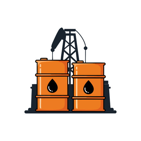 This vector illustration shows two orange oil barrels with black oil drop symbols and a pump jack silhouette behind, representing petroleum extraction, industrial, and energy themes, clean and clear style.のイラスト素材