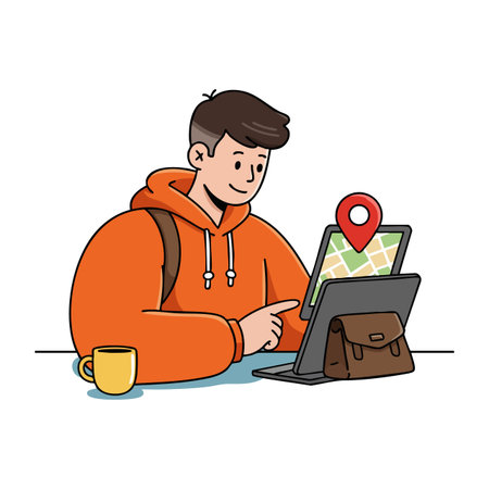 A young man wearing an orange hoodie uses a tablet displaying a map with a location pin, sitting next to a coffee cup. Calm and focused mood.のイラスト素材