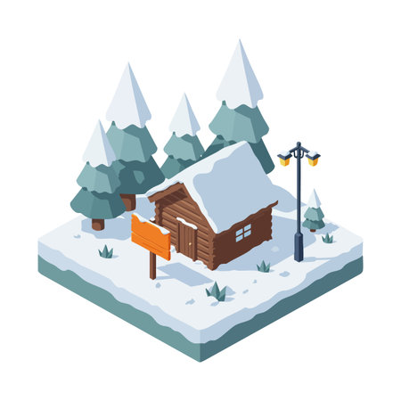 Illustration shows a small wooden winter cabin surrounded by snow-covered pine trees and a street lamp, creating a peaceful winter scene. Calm.のイラスト素材