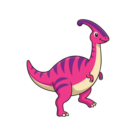 Cute Parasaurolophus dinosaur stands smiling with bright pink and purple stripes in vector format, playful and cheerful mood.のイラスト素材
