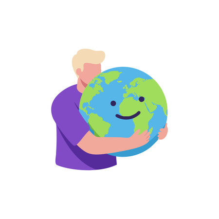 Illustration shows a man embracing a smiling earth globe symbolizing care for the environment and global protection in a friendly mood.のイラスト素材