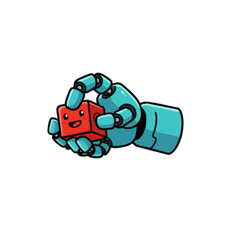 Robotic hand gently holds a smiling red cube symbolizing technology and innovation in a clean vector style, conveying a friendly futuristic mood.のイラスト素材