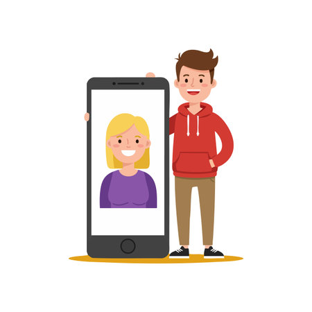 Illustration shows young man holding smartphone with woman on screen smiling during video call, representing modern communication and connection, cheerful mood.のイラスト素材