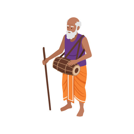 Elderly man stands playing a traditional drum while holding a walking stick, dressed in orange dhoti and purple vest, in calm and focused mood.のイラスト素材