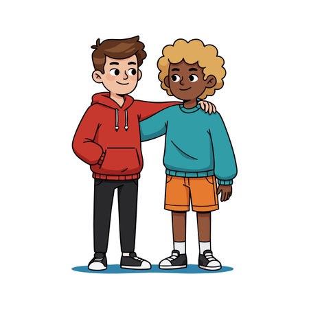 Illustration shows two boys in colorful casual clothes sharing a friendly moment, smiling warmly with a positive and cheerful mood.のイラスト素材