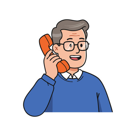 Illustration of a man smiling while talking on an orange retro phone, wearing glasses and a blue sweater, in a cheerful mood.のイラスト素材
