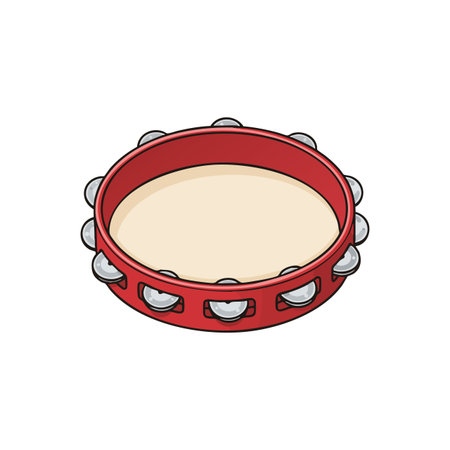 Vector image of a red tambourine with silver jingles used in music and rhythm creation, simple and clear style, lively mood.のイラスト素材