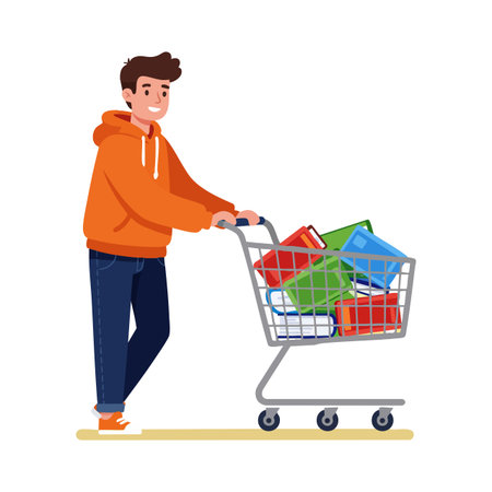 A young man pushes a shopping cart filled with colorful packages, dressed casually in an orange hoodie and jeans, in a bright vector style, cheerful mood.のイラスト素材