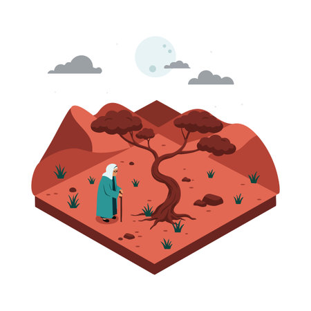 Illustration shows an elderly person with a cane walking near a lone tree in a dry desert environment with red soil and distant brown mountains, calm mood.のイラスト素材