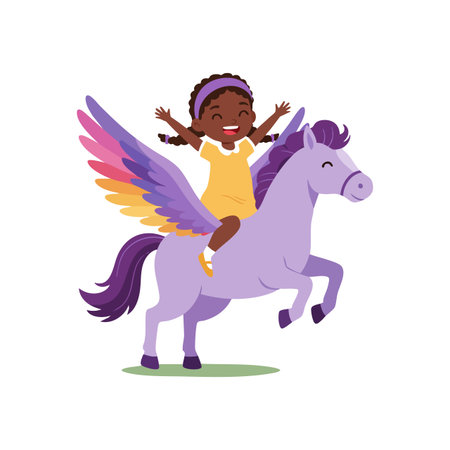 A happy girl with braided hair rides a flying purple horse with colorful wings, portraying freedom and imagination in a playful scene. Cheerful mood.のイラスト素材