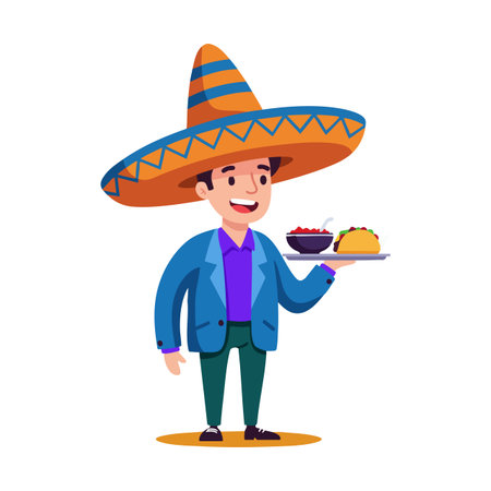 Illustration shows a smiling Mexican man in a large sombrero holding a plate with tacos and salsa, dressed in vibrant clothes, happy mood.のイラスト素材