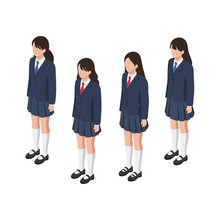 Four schoolgirls stand in navy blue uniforms with ties in an isometric vector style, representing youth and education with a calm atmosphere.のイラスト素材