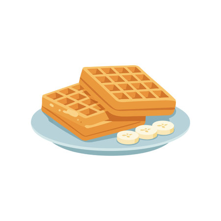 Two golden waffles served with fresh banana slices on a blue plate, representing a simple and tasty breakfast. Bright and inviting mood.のイラスト素材