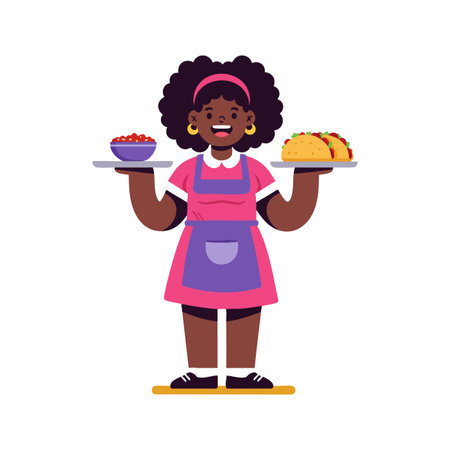 Vector illustration shows an African American waitress happily serving tacos and a bowl of food wearing a pink and purple apron. Cheerful mood.のイラスト素材