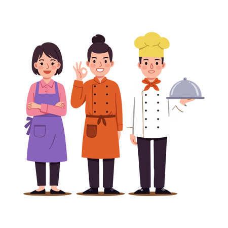 Three professional chefs stand confidently in colorful uniforms and aprons, one gesturing okay and another holding a serving tray, friendly and skilled mood.のイラスト素材