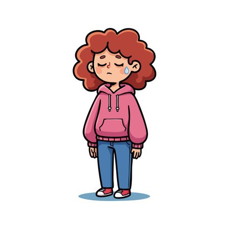 Illustration shows a sad girl with curly hair in a pink hoodie and blue jeans shedding a tear, expressing loneliness and sorrow, mood somber.のイラスト素材