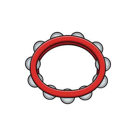 Vector image of a tambourine musical instrument featuring a red frame and silver jingles on a white background, simple and clear design. Cheerful.のイラスト素材