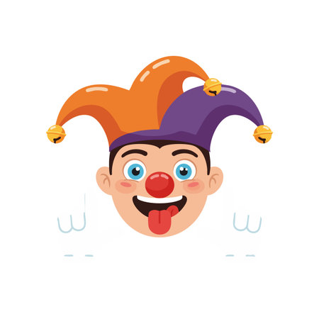 Jester face with bright orange and purple hat featuring bells, blue eyes, and red nose, sticking tongue out in playful expression, cheerful mood.のイラスト素材