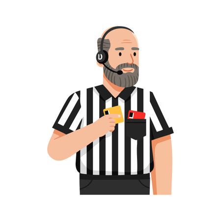 Illustration of a bald referee with a beard wearing a headset and striped uniform holding yellow and red cards, showing an authoritative gesture, professional mood.のイラスト素材