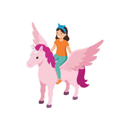 Girl happily rides a pink winged unicorn with purple mane and tail in a whimsical fantasy scene. Playful and imaginative mood.のイラスト素材