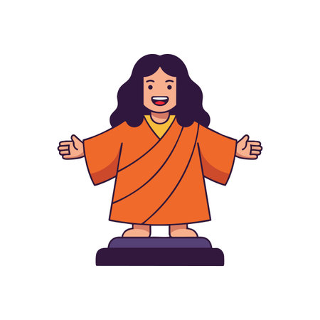 Cartoon character with long black hair wearing an orange robe, standing with open arms on a pedestal. Cheerful and welcoming mood.のイラスト素材