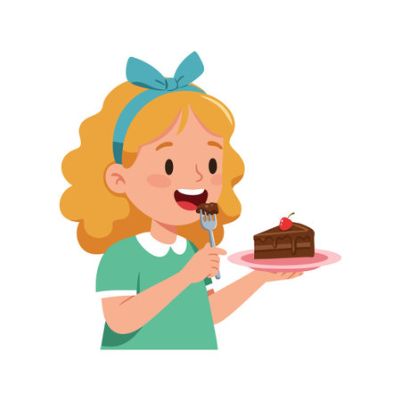 Young girl with blonde hair happily eating a slice of chocolate cake with cherry on top, holding a pink plate, cheerful mood.のイラスト素材