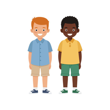 Two boys stand together wearing shorts, polo shirts, and sneakers. They smile happily in a bright, simple vector style. Cheerful mood.のイラスト素材