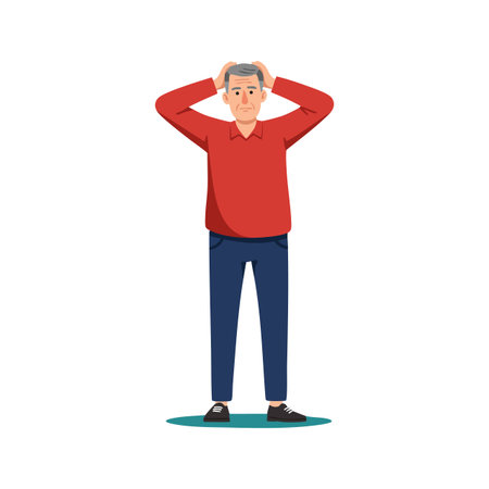 Illustration of an elderly man holding his head with both hands showing worry and anxiety in a simple vector style, thoughtful mood.のイラスト素材