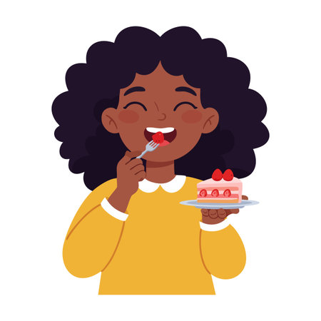 Young girl with curly hair happily eating strawberry cake with a fork, expressing joy and delight in a bright, cheerful scene. Cheerful mood.のイラスト素材