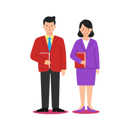 Illustration shows a businessman and businesswoman standing side by side holding folders, dressed in formal suits, representing teamwork and professionalism, confident mood.のイラスト素材