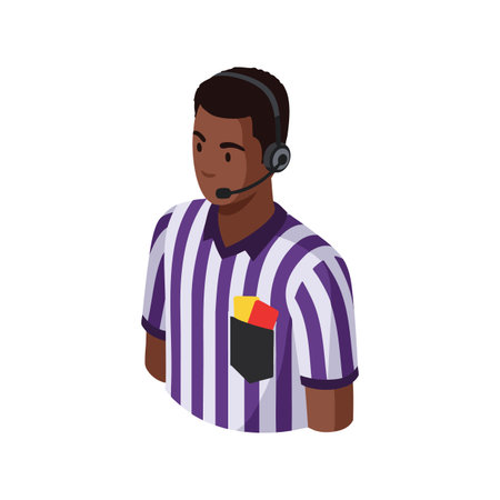 Illustration of a referee in a striped purple and white shirt wearing a headset holding red and yellow cards in his pocket. Professional and clear.のイラスト素材