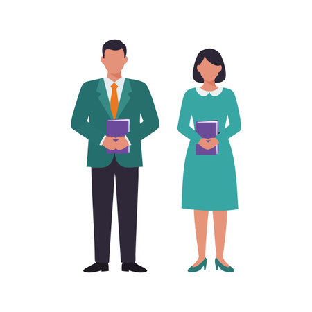Illustration shows a businessman and businesswoman holding books wearing formal clothes in a professional setting, conveying confidence and teamwork mood.のイラスト素材