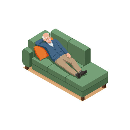 Elderly man rests comfortably on a green sofa with an orange pillow, wearing glasses and casual clothes, peaceful and calm moodのイラスト素材