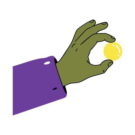 Green hand with purple sleeve gently holds a small yellow ball, depicted in clean vector style. Simple and modern mood.のイラスト素材