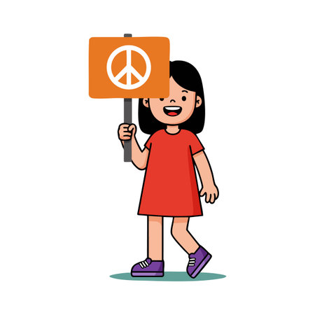 Cartoon girl in red dress holds orange peace sign placard while walking and smiling, conveying positivity and harmony. Cheerful mood.のイラスト素材